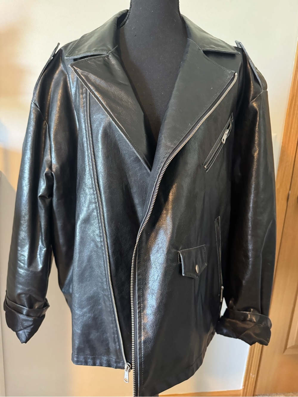 Men's Black Faux Leather Bomber Jacket with Zip Detail